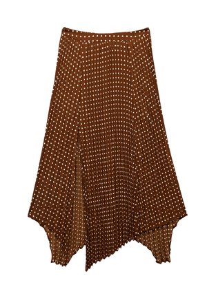 Gonna midi plissettata marrone con pois bianchi e orlo asimmetrico.