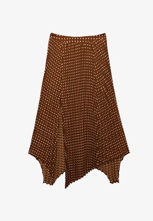 Brauner plissierter Midi-Rock mit weißen Punkten und asymmetrischem Saum.