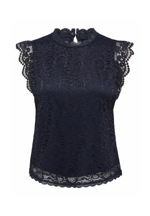 Blouse noire sans manches en dentelle avec bords festonnés, col montant avec fermeture par bouton et motif de dentelle florale sur tout le tissu.