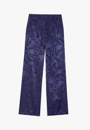 Tailored wide-leg pants in a rich dark purple fabric featuring a subtle leaf pattern, smooth texture, and a hidden zipper closure.