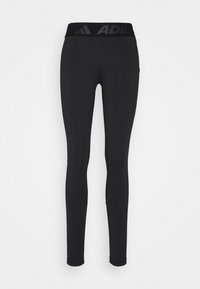 Leggings sportive neri con una cintura larga e texture che presenta un logo. Il tessuto è liscio e elasticizzato, progettato per comfort e mobilità.