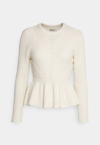 Pull en crème à basque avec des motifs texturés horizontaux et diagonaux, manches longues côtelées et taille ajustée. Encolure ronde.
