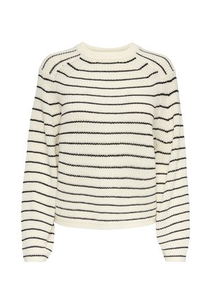 Adīta džemperis ar apaļu apkakli, ar melnām horizontālām strīpām uz krēmkrāsas fona. Brīvs piegriezums un teksturēts audums.