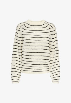 Maglione lavorato a maglia con scollo rotondo, caratterizzato da strisce orizzontali nere su sfondo crema. Vestibilità ampia e tessuto strutturato.