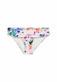 Costume da bagno inferiore con stampa floreale su base bianca, colori vivaci tra cui rosa, blu e verde, caratterizzato da una fascia in vita piegata.