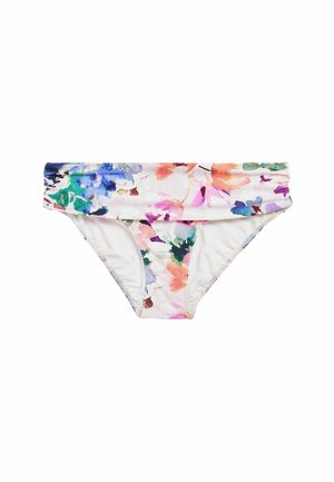 Bikiniunterteil mit Blumenmuster auf weißem Grund, lebhafte Farben wie Pink, Blau und Grün, mit einem umschlagbaren Bunddesign.