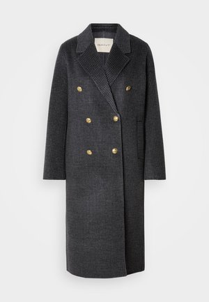 Double-breasted long coat in dark gray houndstooth pattern. Features gold buttons, notched lapels, and side pockets. Textured fabric.