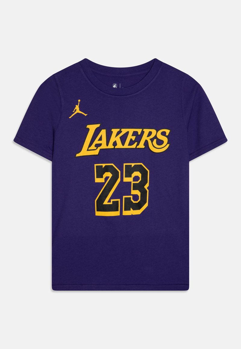 Purple cotton t-shirt featuring yellow "LAKERS" text, black number "23," and a yellow Jordan logo on the left shoulder.
