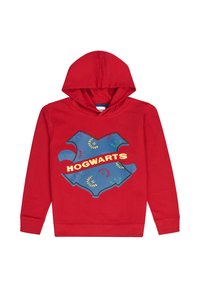 Rode hoodie met een blauwe Hogwarts schildafbeelding. "HOGWARTS" in gele tekst, met kleurrijke accenten en symbolen. Gemaakt van een katoenmix.