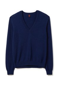 Pullover a collo a V blu navy realizzato in tessuto morbido, con maniche lunghe, polsini a costine e orlo leggermente corto. Senza motivi visibili.