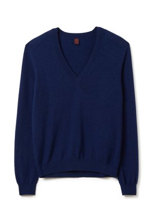 Pullover a collo a V blu navy realizzato in tessuto morbido, con maniche lunghe, polsini a costine e orlo leggermente corto. Senza motivi visibili.