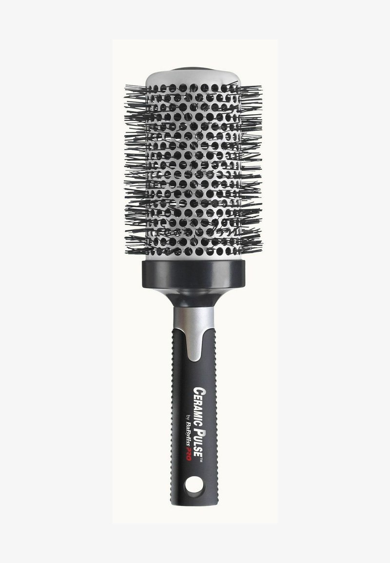 Round ceramic barrel hairbrush with black handle, featuring vented design, clustered bristles, and silver accents for grip.