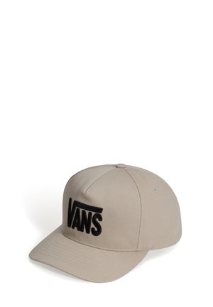 Gorra de béisbol Vans beige con logo bordado en negro en la parte delantera y visera curva, mostrada sobre un fondo blanco.