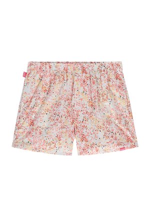 Pantalones cortos con cintura elástica y un patrón floral abstracto en tonos rosa, naranja y negro sobre un fondo blanco, con una pequeña etiqueta de tela rosa.