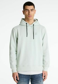 Sudadera verde claro con capucha ajustable, detalle de costura y un pequeño logo, combinada con jeans oscuros. Textura suave, diseño casual.