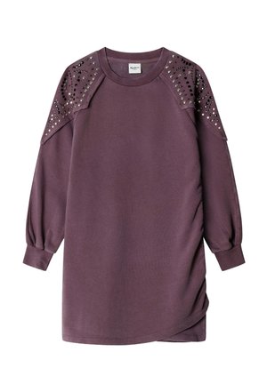 Vestito felpa lungo viola con maniche lunghe a sbuffo e borchie argento e nere sulle spalle.