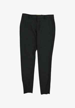Pantalon noir sur mesure avec passants de ceinture, poches avant et coupe slim, posé à plat sur un fond blanc.