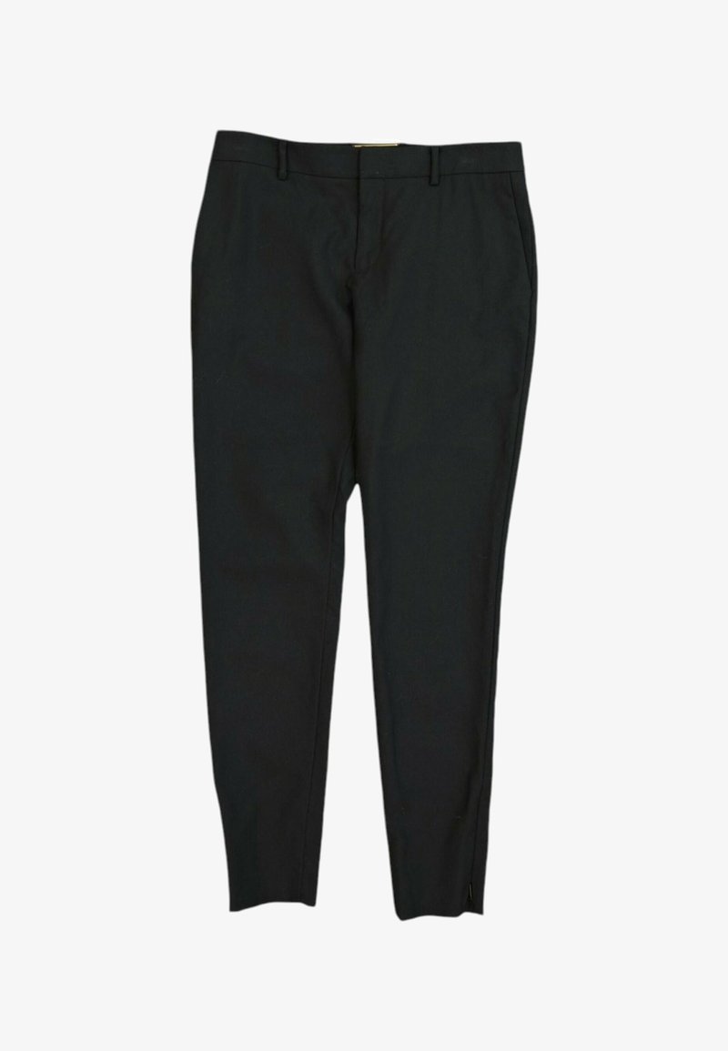 Pantalon noir sur mesure avec passants de ceinture, poches avant et coupe slim, posé à plat sur un fond blanc.