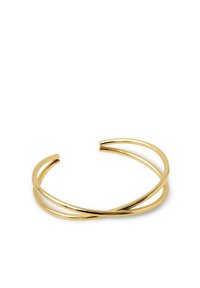 Armbanduhr aus vergoldetem Metall mit minimalistischem Design, bestehend aus zwei miteinander verflochtenen Bändern für einen eleganten, modernen Look.