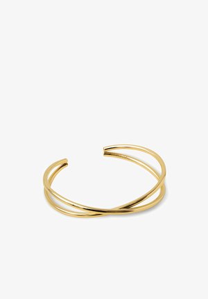 Bracelet jonc en métal doré au design minimaliste, présentant deux bandes entrelacées pour un look moderne et élégant.