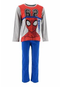 Pigiama a tema Spider-Man con maglietta grigia a maniche lunghe con dettagli rossi e pantaloni blu. La maglietta mostra il numero "62" e una grafica di Spider-Man.