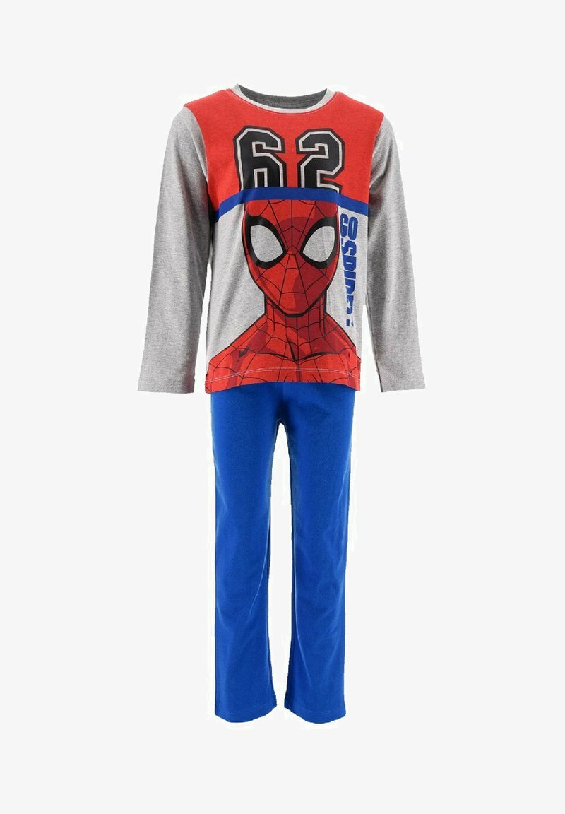 Piżamy tematyczne Spider-Mana z szarym długim rękawem z czerwonymi akcentami i niebieskimi spodniami. Koszulka wyświetla grafikę Spider-Mana oraz napis "62".