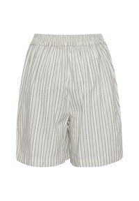 Shorts légers, beiges, avec des rayures verticales bleu marine, une taille élastique et une coupe décontractée. Fabriqués en tissu doux et respirant.