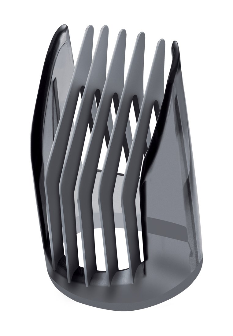 Protector de clipper de cabello de plástico negro y gris con forma cilíndrica, que presenta múltiples ranuras verticales para longitudes de corte ajustables.