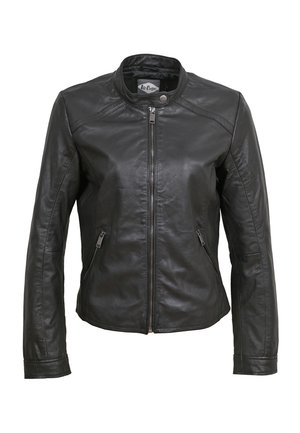 Schwarze Lederjacke mit Reißverschluss, rundem Kragen und zwei vorderen Reißverschluss-Taschen. Hat eine glatte Textur und eine taillierte Passform.