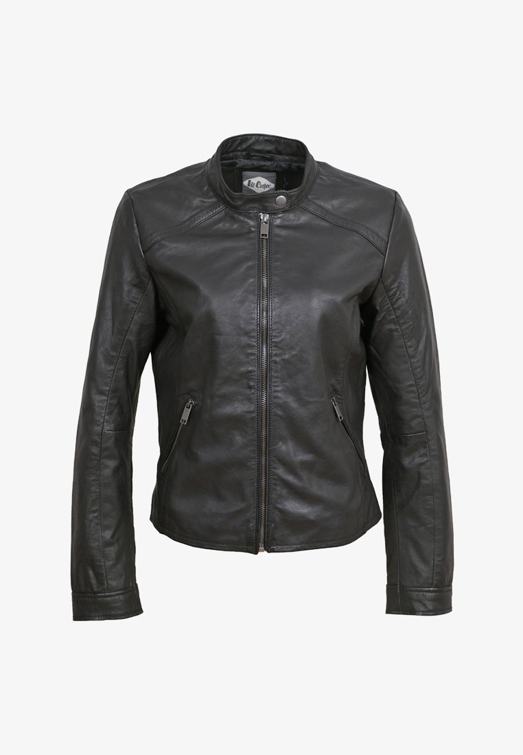 Schwarze Lederjacke mit Reißverschluss, rundem Kragen und zwei vorderen Reißverschluss-Taschen. Hat eine glatte Textur und eine taillierte Passform.