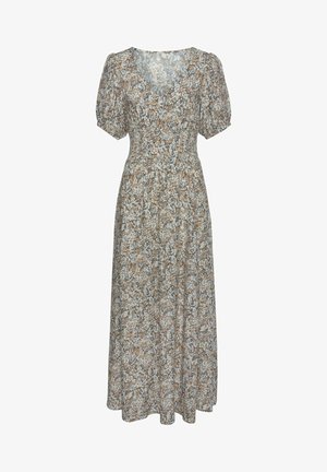 Cvećasta midi haljina s V-izrezom, kratkim napola napuhanim rukavima, nabrane strukom i lepršavom suknjom. Ima bež, plavu i smeđu cvjetnu šaru.