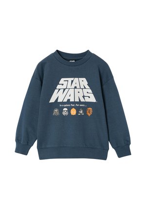 Navy blue sweatshirt with "STAR WARS" text and small character helmets and faces below, including Darth Vader and Chewbacca.