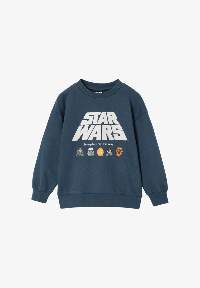 Marineblaues Sweatshirt mit dem Schriftzug "STAR WARS" und kleinen Charakterhelmen sowie Gesichtern darunter, darunter Darth Vader und Chewbacca.