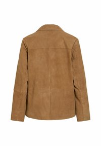 Veste en daim marron vue de dos avec manches longues, détails des panneaux cousus et un col.