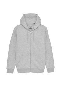 Sudadera gris con cremallera, capucha forrada, dos bolsillos frontales, puños y dobladillo de canalé, detalles de cordón y una etiqueta en el cuello.