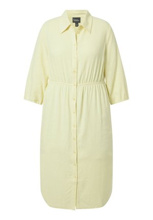 Hellgelbes, langärmliges, knopfbares Midikleid mit Kragen und elastischem Taillenbund, entworfen für eine entspannte Passform.