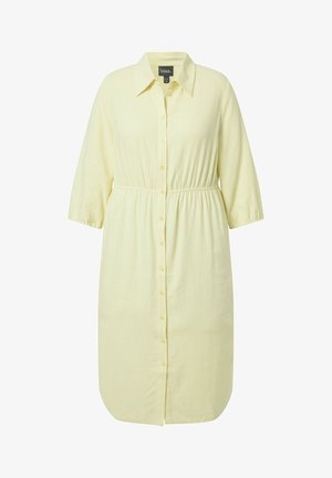 Hellgelbes, langärmliges, knopfbares Midikleid mit Kragen und elastischem Taillenbund, entworfen für eine entspannte Passform.