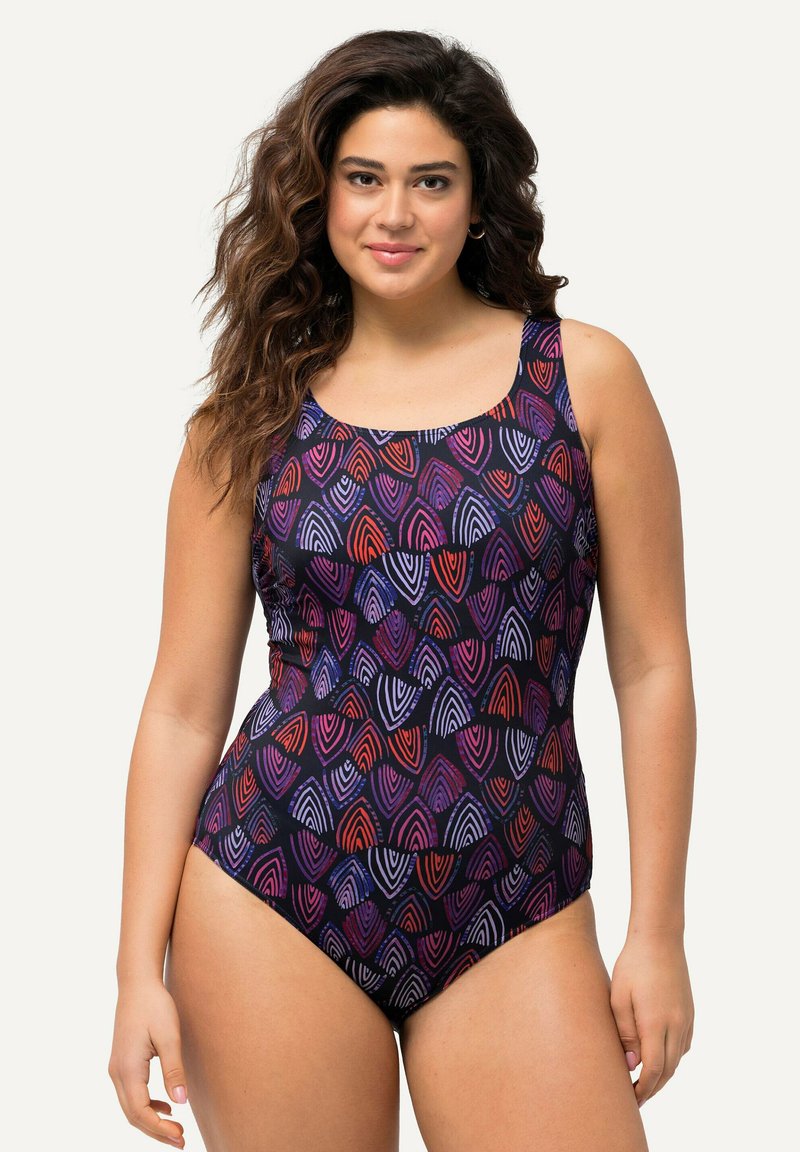 Uimapuku, jossa on musta pohja ja moniväriset aalto -kuviot punaisena, purppurana ja valkoisena. Suunniteltu kaarroke-malliseksi ja leveillä olkaimilla.