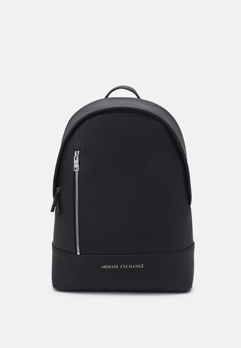 Black leather backpack with a textured surface, rounded top, silver hardware, front zipper, and embossed brand logo on the lower front.