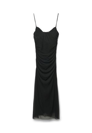 Schwarzes Spaghettiträgerkleid mit gerafftem Design, aus leichtem Stoff gefertigt, mit einer taillierten Oberseite und einem knielangen, fließenden Rock.
