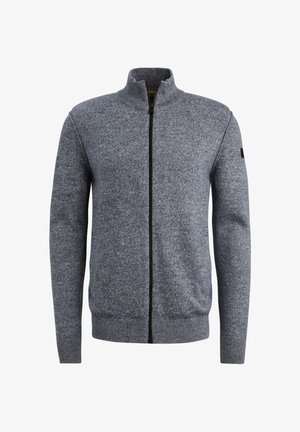 Grauer Reißverschluss-Pullover aus strukturiertem Stoff mit Stehkragen, taillierten Bündchen und einem dezenten melierten Muster. Verfügt über einen schwarzen Reißverschluss.