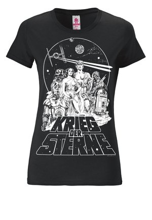 Black cotton t-shirt featuring a graphic print of characters and elements inspired by space, labeled “Krieg der Sterne” in bold white text.