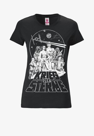 Black cotton t-shirt featuring a graphic print of characters and elements inspired by space, labeled “Krieg der Sterne” in bold white text.