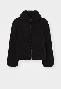 Black teddy jacket with full front zipper and a wide collar, featuring a soft, textured fabric and long sleeves.