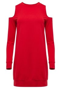Vestido largo rojo de manga larga con cortes en los hombros, escote redondo y un corte relajado. Confeccionado en una tela suave y elástica con un diseño sencillo.