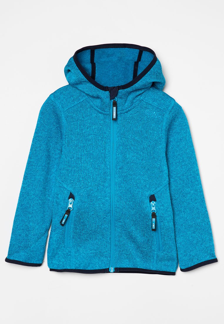 Felpa con zip blu realizzata in tessuto a maglia testurizzata, dotata di cappuccio, due tasche frontali con zip e dettagli in blu scuro a contrasto.