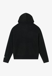 Pull noir en maille à capuche avec manches longues, texture côtelée et petite étiquette sur le poignet gauche, vu de dos sur fond blanc.