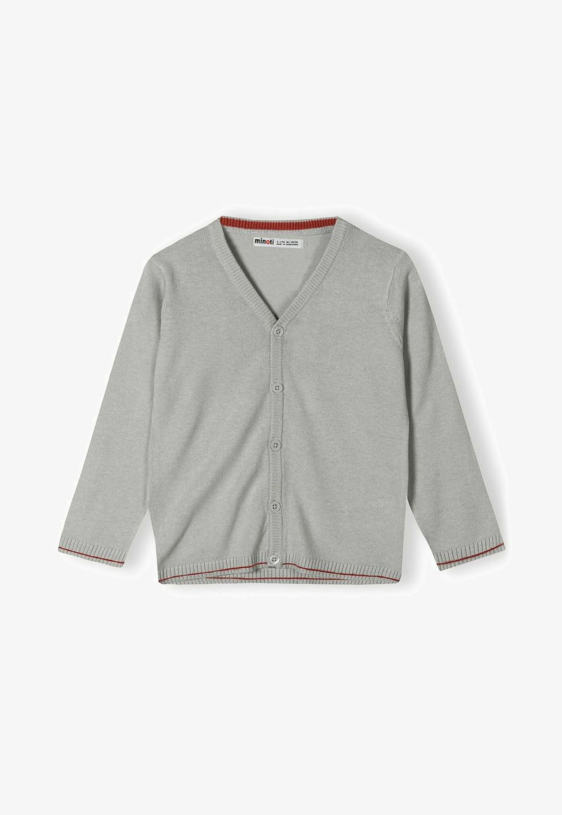 Grijze katoenen cardigan met een V-hals, lange mouwen en knopen aan de voorkant. Ribgebreide manchetten en zoom hebben een subtiele rode accenten.
