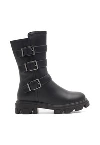 Must musternahkade must käe kohandatav kolme reguleeritava rihmaga, tekstuurse viimistlusega, turske tallaga, millel on robustne mustrimuster.