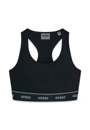 Crni sportski grudnjak s trkaćim leđima s elastičnim pojasom na kojem se nalaze ponovljeni bijeli logotipi "GUESS", unutarnja oznaka veličine mala kod ovratnika.